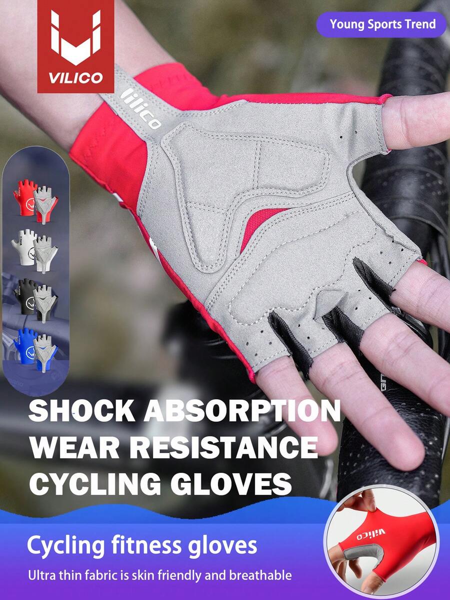 Vilico 1 Pair Of Black And White Blue And Red Short Finger Gloves,Gym Half Finger Gloves,Outdoor Sports Style Men'S And Women'S Gloves,Thick Shock-Absorbing And Anti Slip Palm Pad Gloves,Breathable And Wear-Resistant Fabric Suitable For Fitness,Running,Weightlifting,Volleyball,Basketball,Badminton,Cycling,Hiking,Climbing,Dancing,Outdoor Camping,Fishing,Bike Half Finger Gloves