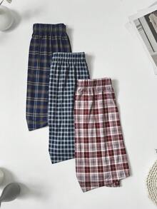 3 件男士薄款格子印花弹力舒适平角内裤透气腰部抽绳短裤多色睡裤长款内衣套装 - 彩色 - 查看 5