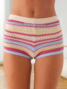 Women's Knitted Shorts Casual Stylish Colorful Contrast Striped Elastic Mid Rise Shorts - Hồng - Xem 1