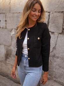 Fashionable & Elegant Solid Color Thick Wool Ribbed Front Button Office Cardigan, Autumn/Winter - Black - View 3