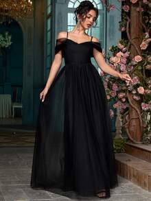 女士优雅鸡尾酒会礼服，正式长款开叉大腿晚间婚礼宾客礼服，金属面料，适合正式派对、毕业派对、婚礼、舞台表演、单身派对、春夏秋 - 黑色 - 查看 6