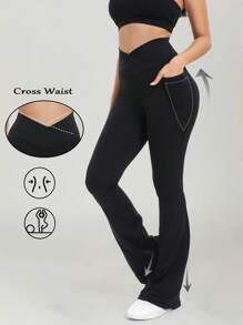 Speed mate Women Flare Leggings With Pockets - No Front Seam Flare Yoga Pants, Tummy Control, High Waist Crossover, Wide Leg & Butt Lift Design,Fleece