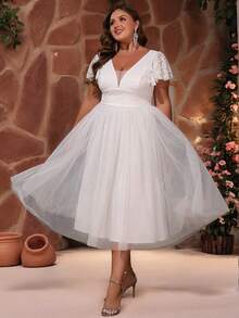 女士加大码优雅纯色拼布蕾丝网眼拉链茶歇长正式派对礼服，适合婚礼宾客、伴娘、伴娘、鸡尾酒会、婚礼、毕业派对、春夏秋 - 白色 - 查看 1