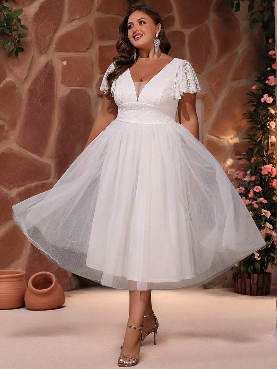 女士加大码优雅纯色拼布蕾丝网眼拉链茶歇长正式派对礼服，适合婚礼宾客、伴娘、伴娘、鸡尾酒会、婚礼、毕业派对、春夏秋 - 白色 - 查看 1