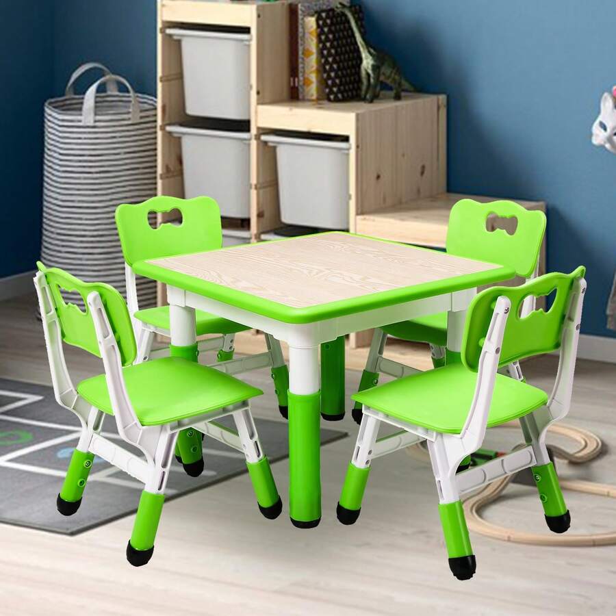 Juego de mesa y 4 sillas infantiles Garvee, moderno, de 58 cm de altura y 4 sillas con patas antideslizantes, organizador de escritorio con diseño de grafiti, mesas multifunción para jardín de infancia o sala de estar (verde) - Verde - Ver 1