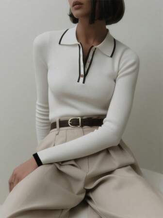 2025 Herbst: Gerippter Strickpullover mit Knopfdesign, lässig & vielseitig; weicher & bequemer Cardigan zum Layering; figurbetontes Poloshirt-Top für den Arbeitsweg