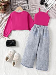 3件套女童休闲长袖轻薄套头衫、无袖背心和牛仔效果长裤套装，春秋季