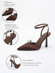 Women's Pointed Toe High Heel Shoes With Rhinestone Buckle And Exposed Heel, Pumps, Fall, Autumn - Chocolate Brown - View 2