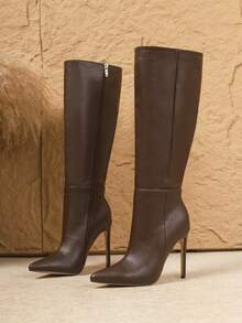 2025 秋冬性感时尚纯色尖头细高跟休闲百搭侧拉链黑色及膝靴女靴，棕色靴子 - 咖啡棕 - 查看 5