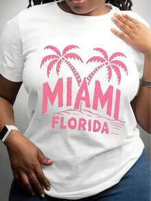 MIAMI Florida Women's T-Shirt - Bold Pink Geometric Print, Comfort Fit, Casual Round Neck Tee With Palm Tree Design, Machine Washable, Allseason Apparel Round Neckline Top Knit Texture - 白色 - 查看 1