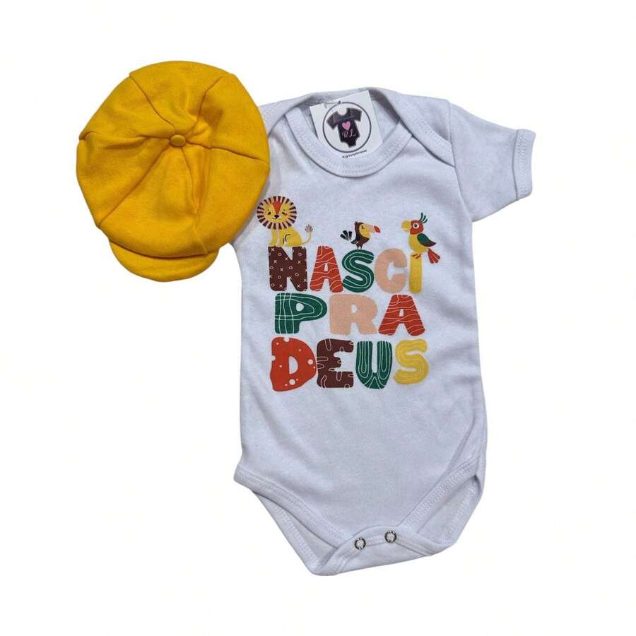 Body Bebe Menino- Frases - Nasci Pra Deus + Boina - Mesversário - Amarelo - Visão 1