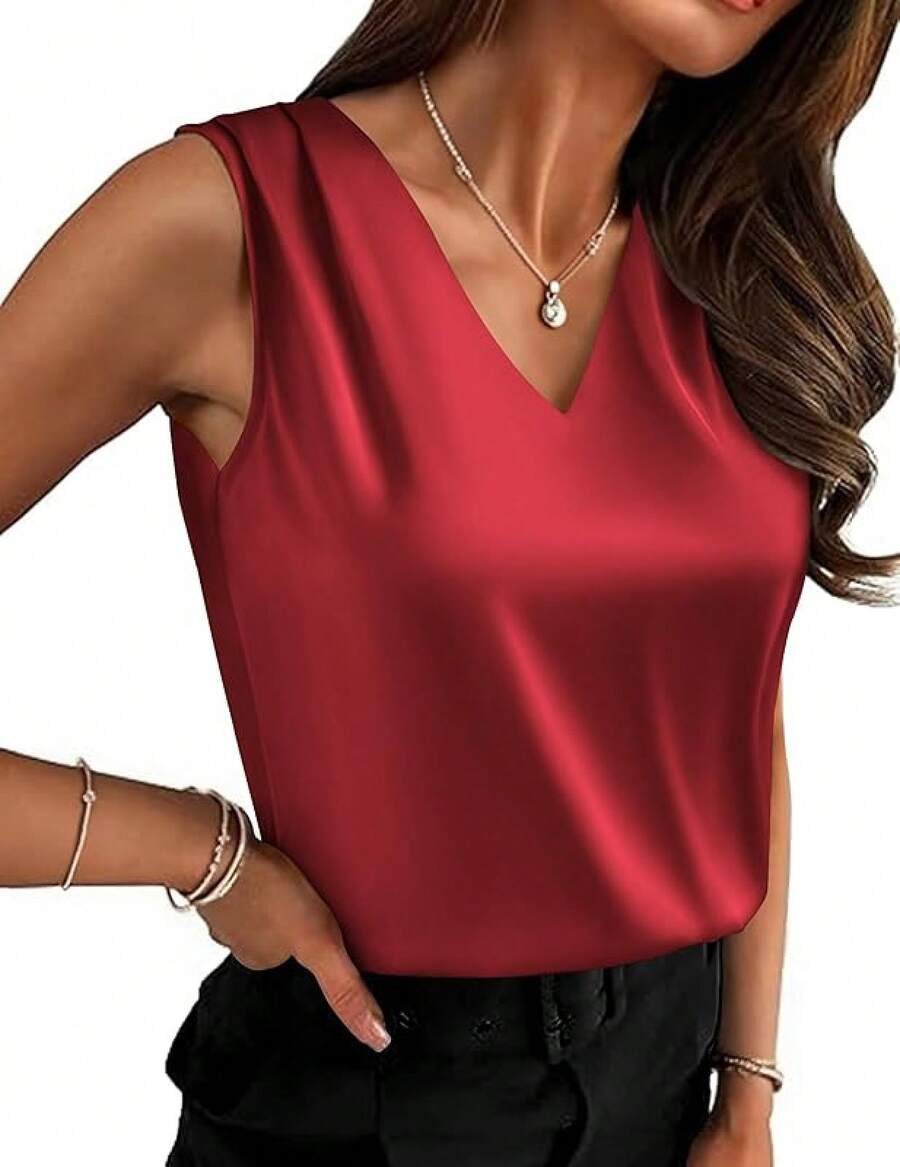 Women's Silk Satin Camisole Ruched Formal Casual Sleeveless Shirt Summer Business Work Shirt - Đỏ - Xem 1
