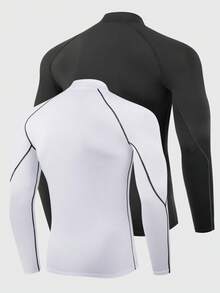 3 piezas Conjunto de ropa deportiva de manga larga con cuello alto para hombres, Camiseta deportiva de protección solar profesional estilo novio para hombres, Camiseta básica estilo novio para gimnasio y entrenamiento para hombres - Negro - Ver 2