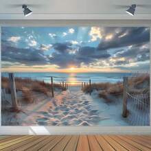 2D Polyester Fiber Beach Sunset Backdrop Banner, Coastal Landscape Wall Decor, Blue Sky & Ocean Theme Party Supplies, Suitable For Indoor & Outdoor Celebrations, Birthday & Anniversary - Multicolor - View 5