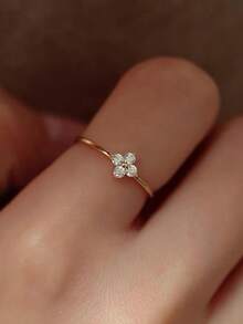 1入組光環奢華時尚的四爪鑲嵌鑽石戒指，簡約日常佩戴戒指，14k黃色金鍍微疏堆砌戒指，圓形切割摩根石週年紀念戒指，四石戒指 - 疊戴戒指 - 查看 6