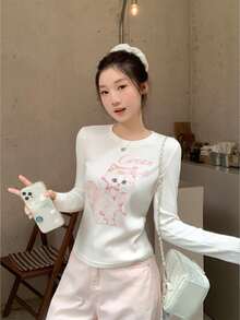 Cute Cat Print Versatile Spring Long Sleeve T-Shirt White - White - View 1