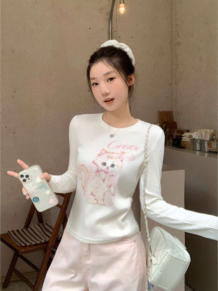 Cute Cat Print Versatile Spring Long Sleeve T-Shirt White - White - View 1