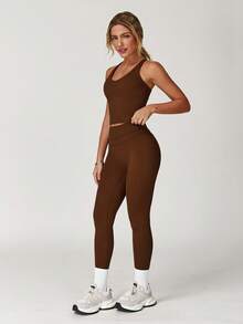 MASKERT "2-Piece Set"Women's Vest Yoga Tight Pants Set, High Stretch Running Sports Set, Comfortable And Skin Friendly - 巧克力棕 - 查看 4