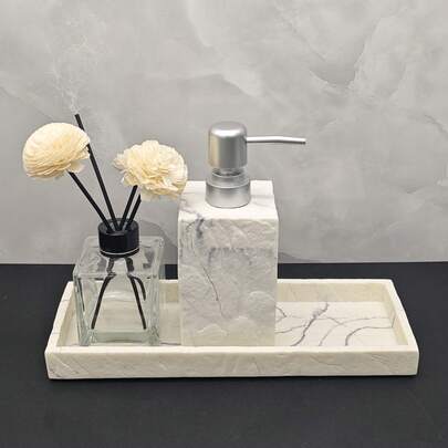 2pcs European Style Luxury Faux Tree Bark Textured Bathroom Set, Soap Dispenser Bottle And Tray Versatile Combination, Suitable For Bathroom Vanity, Bedroom Vanity, And Kitchen Countertop