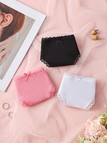 3 件装女士纯色高端蕾丝拼布丁字裤，可爱蝴蝶结设计，无缝弹力柔软舒适内衣 - 彩色 - 查看 6