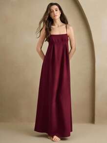 Anewsta Leisure Women's Solid Color Bust Pleated Camisole Nightgown Babydoll Holiday Season - Burgundy - View 1
