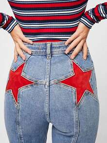 American Star Print Flare Jeans For Women,High Waisted Star Patchwork Stretch Denim Pants,Vintage Bootcut Y2K Streetwear Trousers Spring Clothes - Màu xanh lam - Xem 3