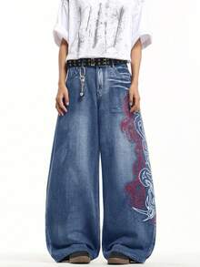 1pc Hong Kong Style High Street 3D Embroidered Floral Fashion Versatile Men's Washed Loose Wide Leg Jeans (Product Does Not Include Belt And Accessories) - Blue - View 3