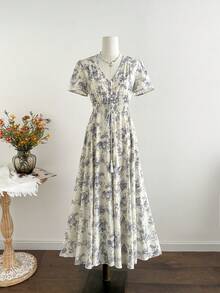 Rusttydustty 大码女式复古蓝白波西米亚度假风腰部纽扣短袖连衣裙