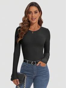 Womens Long Sleeve Crewneck Ribbed Tops Fall Fitted Stretch Casual Basic Shirts 2025 - A-grey - View 9