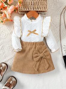 2pcs/Set Baby Girl Outfit, Autumn/Winter Adorable Lady-Like Fashion Ruffle Collar Long Sleeve Top + Bow Decor Skirt Set, Suitable For School Season, Perfect Outdoor Gift - Brown - View 7