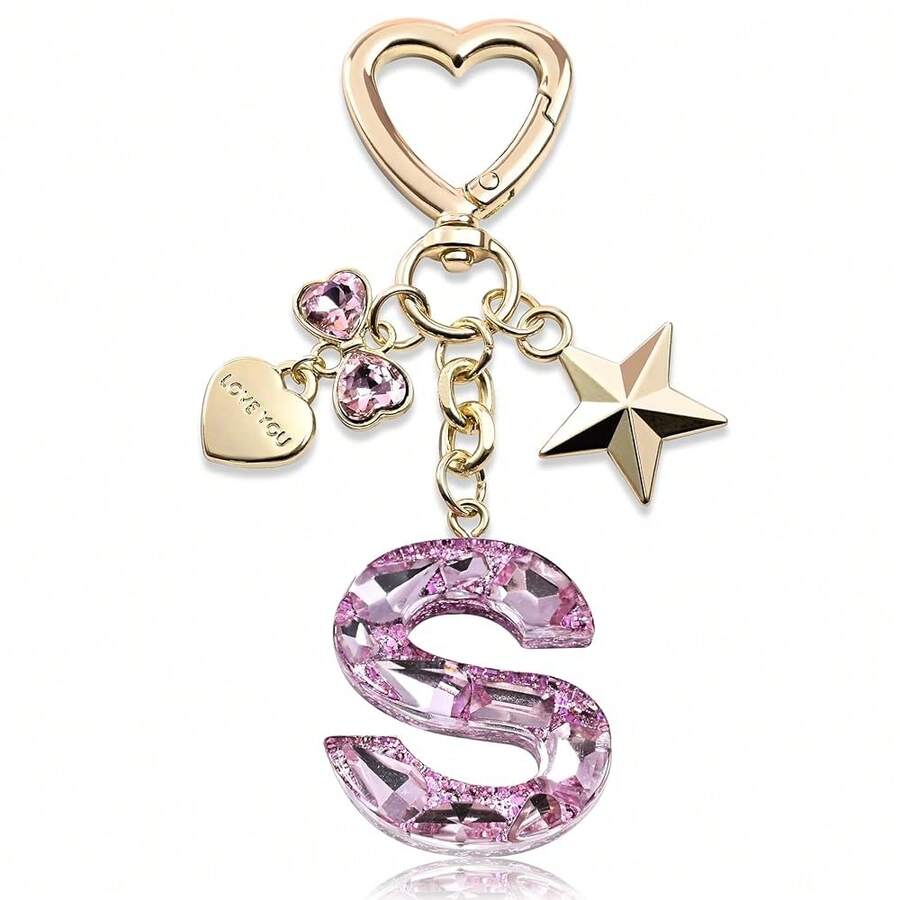 Cute Bling Keychain Initial Letter Butterfly Star Pink Purple Gift For Women Girls Bag Cup Charms Accessories-593312 - S-粉紅色 - 查看 1