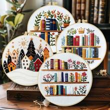 1pc Embroidery Kit, 20x20cm/7.9x7.9-Inch Bookshelf Flowers, Handmade DIY Embroidery Kit, Suitable For Adults And Beginners, Includes Instruction Manual, Printed Fabric, Embroidery Frame, And Needle And Thread