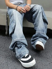 Men's Baggy Denim Cargo Pants Loose Fit Streetwear Wide Leg Workwear Style With Large Side Pockets - 淺色水洗藍 - 查看 8