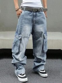 Men's Baggy Denim Cargo Pants Loose Fit Streetwear Wide Leg Workwear Style With Large Side Pockets - 淺色水洗藍 - 查看 1