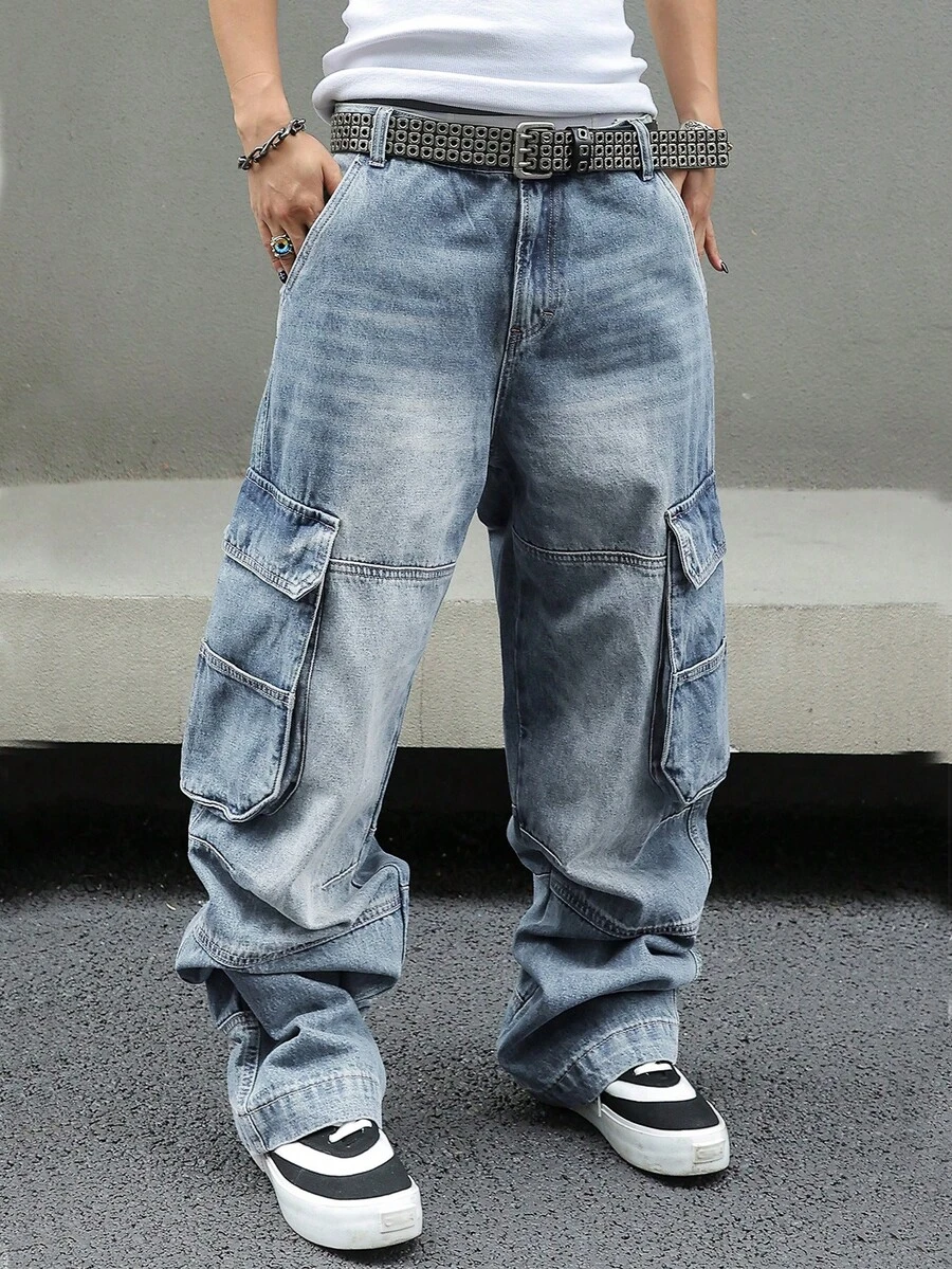 Men's Baggy Denim Cargo Pants Loose Fit Streetwear Wide Leg Workwear Style With Large Side Pockets - 淺色水洗藍 - 查看 1