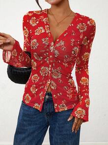Women Floral Mesh V Neck Long Sleeve Button Down Ruched Shirt Fitted Sexy Boho Blouse Tops Outfits - Red - View 5
