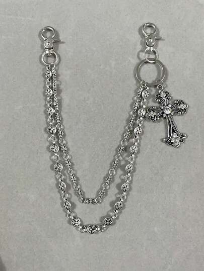 1pc Vintage Double Layer Cross Chain, Wallet Chain, Punk Jeans Chain, Pocket Chain, Men Keychain