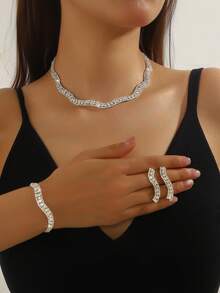 4pcs Luxury Rhinestone Jewelry Set: Necklace, Earrings, Bracelet, Elegant Bridal Wedding Gift, Versatile For Daily, Party, Vacation - Silver - View 2