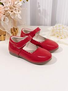 Girls' Cute Scalloped Trim Mary Jane Princess Ballet Flats, Solid Color - Red - View 3
