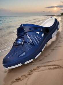 1 Pair Men's Lightweight Breathable Hollow Slip-Resistant Garden Shoes, Men's Mesh Summer Sandals, Men's Casual Outdoor Non-Slip Thick-Sole Beach Slippers - Blue - View 2