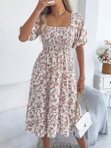 Summer Blue Floral Off Shoulder Midi Dress For Women, Smocked Puff Sleeve A Line Casual Vacation Dress - 白色 - 查看 4