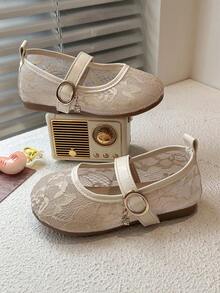 女童鞋！蕾丝网眼公主鞋，可爱针织刺绣款式，时尚平底鞋，舒适百搭 - 杏色 - 查看 8