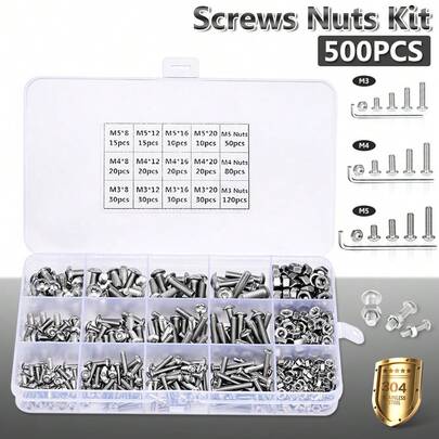 500pcs Stainless Steel Hex Head Nuts And Bolts Assortment Kit, M3 M4 M5 Sizes, With Flat & Spring Lock Washers, Anti-Rust, Easy To Install, Premium Quality, In Storage Case