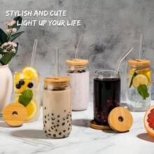 6 PCS 16oz Drinking Glasses With Bamboo Lids And Glass Straws, Glass Cups With Lids And Straws, Beer, Iced Coffee Glasses, Soda, Gift 1 Cleaning Brushes. - 6pcs - 查看 4
