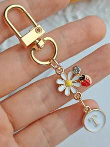 1pc Unisex A-Z Letter Stainless Steel Keychain, Minimalist Letter, Flower, Ladybug Design, Gift For Friends, Bag Pendant - Multicolor - View 25