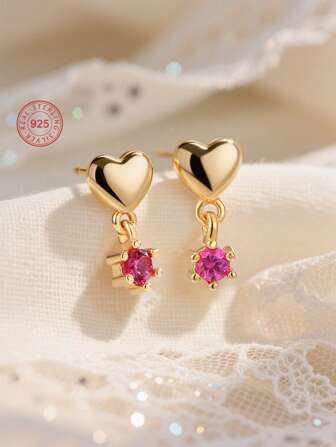 Artepollo 1pc 925 Sterling Silver Low Allergy Red Zirconia Heart Stud Earrings, Sweet & Cute, Gift Box Packaging, Elegant & Refined, Suitable For Daily Or Holiday Wear, Gift For Girls, Friends, Back To School