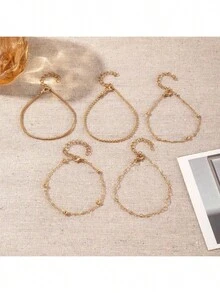 10-5 件/套时尚波西米亚风格女士金属手链套装，心形珠子和链条设计，可堆叠，是情侣节日礼物的理想之选，适合日常佩戴或约会 - 金色 - 查看 2