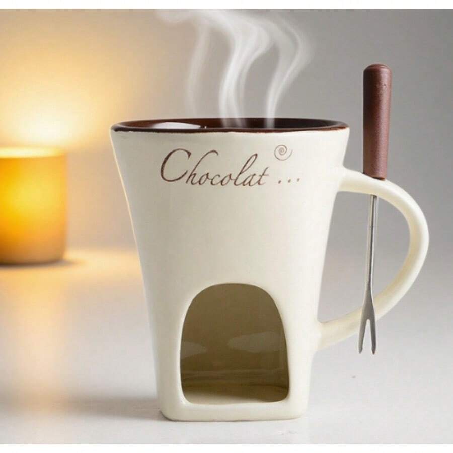 1pc Hot Drink Insulated Creative Cup | The Bottom Of The Cup Can Be Heated With A Candle And Equipped With A Special Fork Spoon. When Drinking Hot Tea Or Coffee, It Can Keep Warm And Practical - trắng - Xem 1
