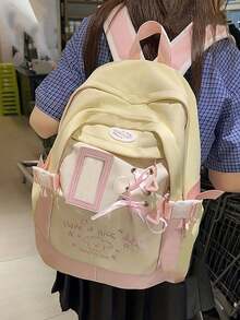 Zaino da donna alla moda, semplice e versatile, zaino bicolore, adatto per il ritorno a scuola, stile college di nicchia, fiocco nastro casual, zaino da viaggio leggero e piccolo