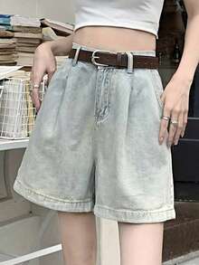 女士休闲水洗宽松褶皱牛仔短裤 - 淺藍色 - 查看 6